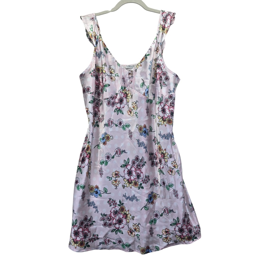 Chanteuse Pink Floral Polka Dot Satin‎ Slip Dress Nightgown Sleep XL Ruffled Y2K